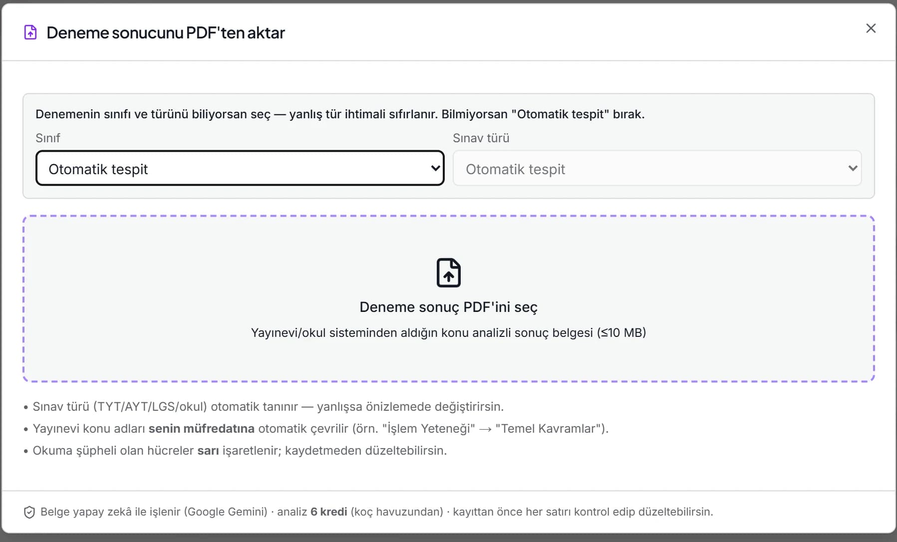 Deneme sonucunu PDF'ten aktarma penceresi